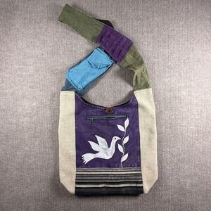 Boho Patchwork Hobo Bag Peace Dove Applique Colorful Canvas Crossbody Purse
